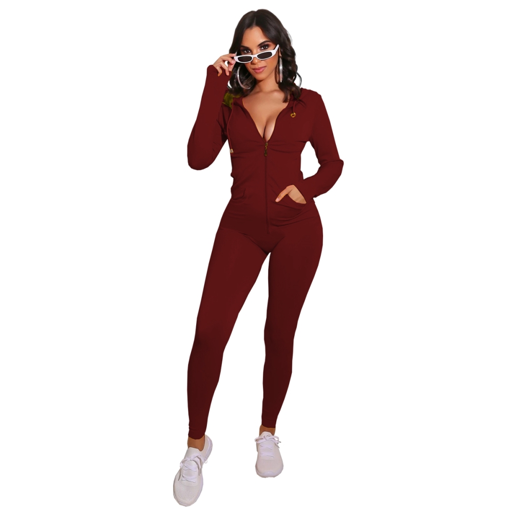 Autumn Sports Fitness Solid Plain Zip Up Hoodie Jumpsuit