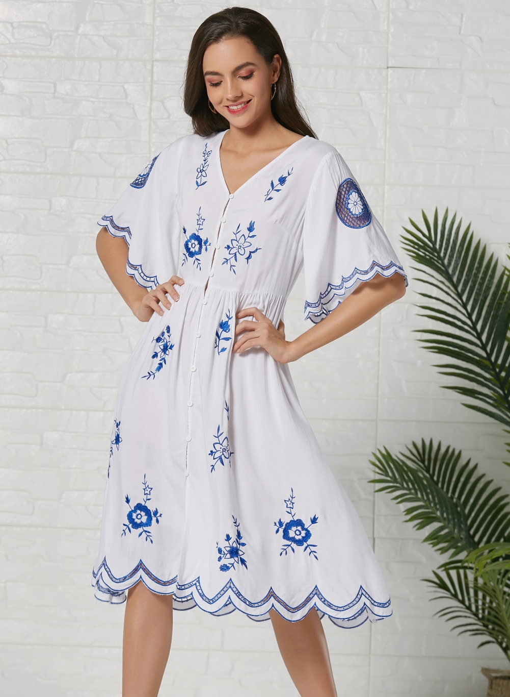 Summer White and Blue Flower Long Dress