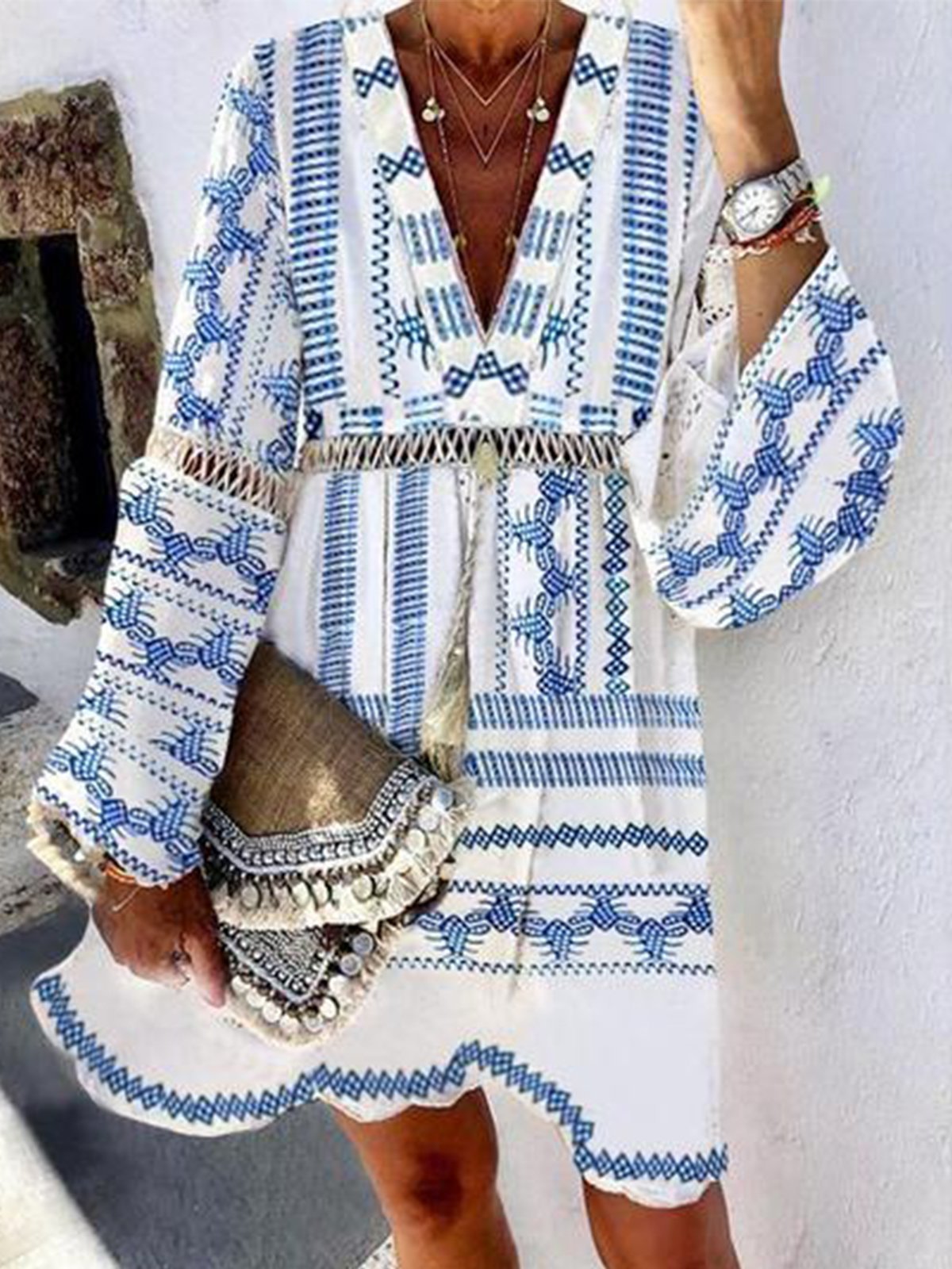 Blue Long Sleeve Printed Dresses