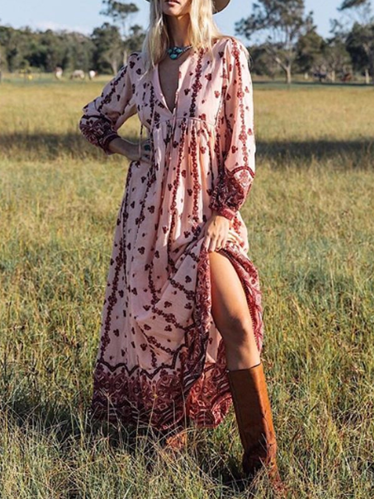 Pink Long Sleeve V Neck Swing Patchwork Dresses