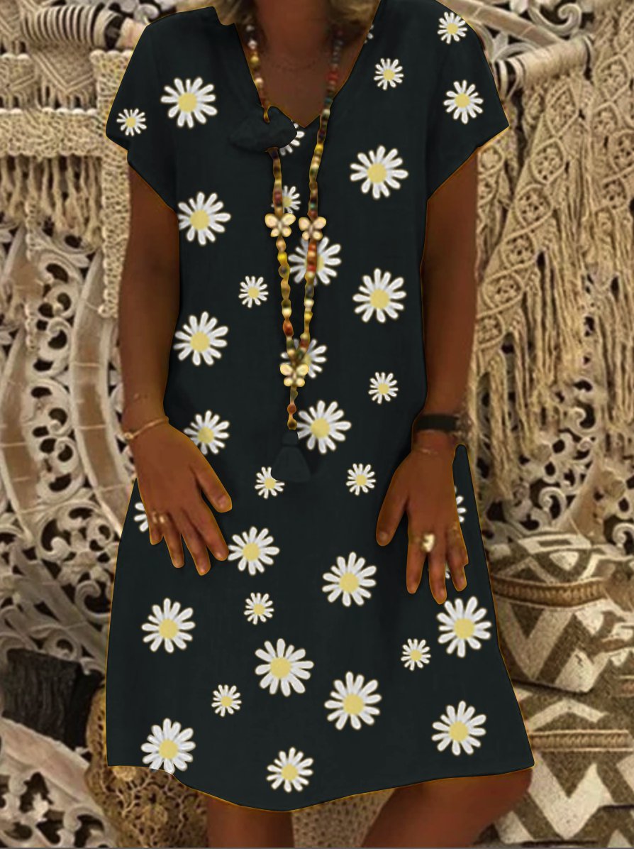 Casual vintage V-neck short-sleeved daisy dress