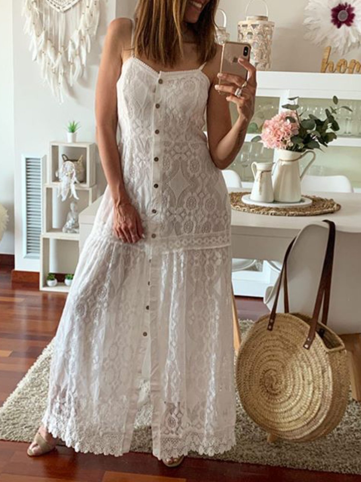 Lace Cutout Maxi Caftan Dress
