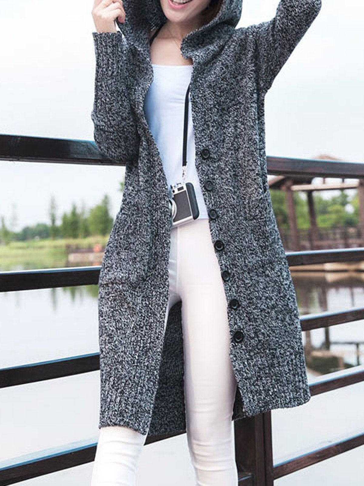 H-line Plain Casual Long Sleeve Buttoned Cardigan