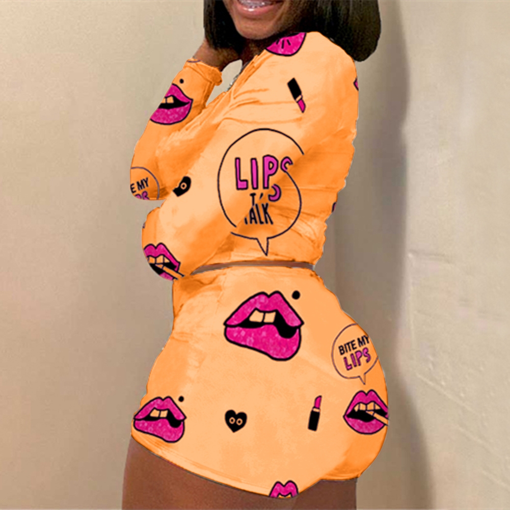Lips Print Long Sleeve Crop Top and Shorts Set