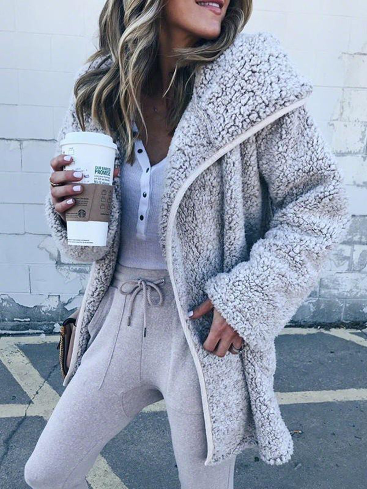 Women Hooded Sherpa Coat Shawl Collar Solid Teddy Bear Coats