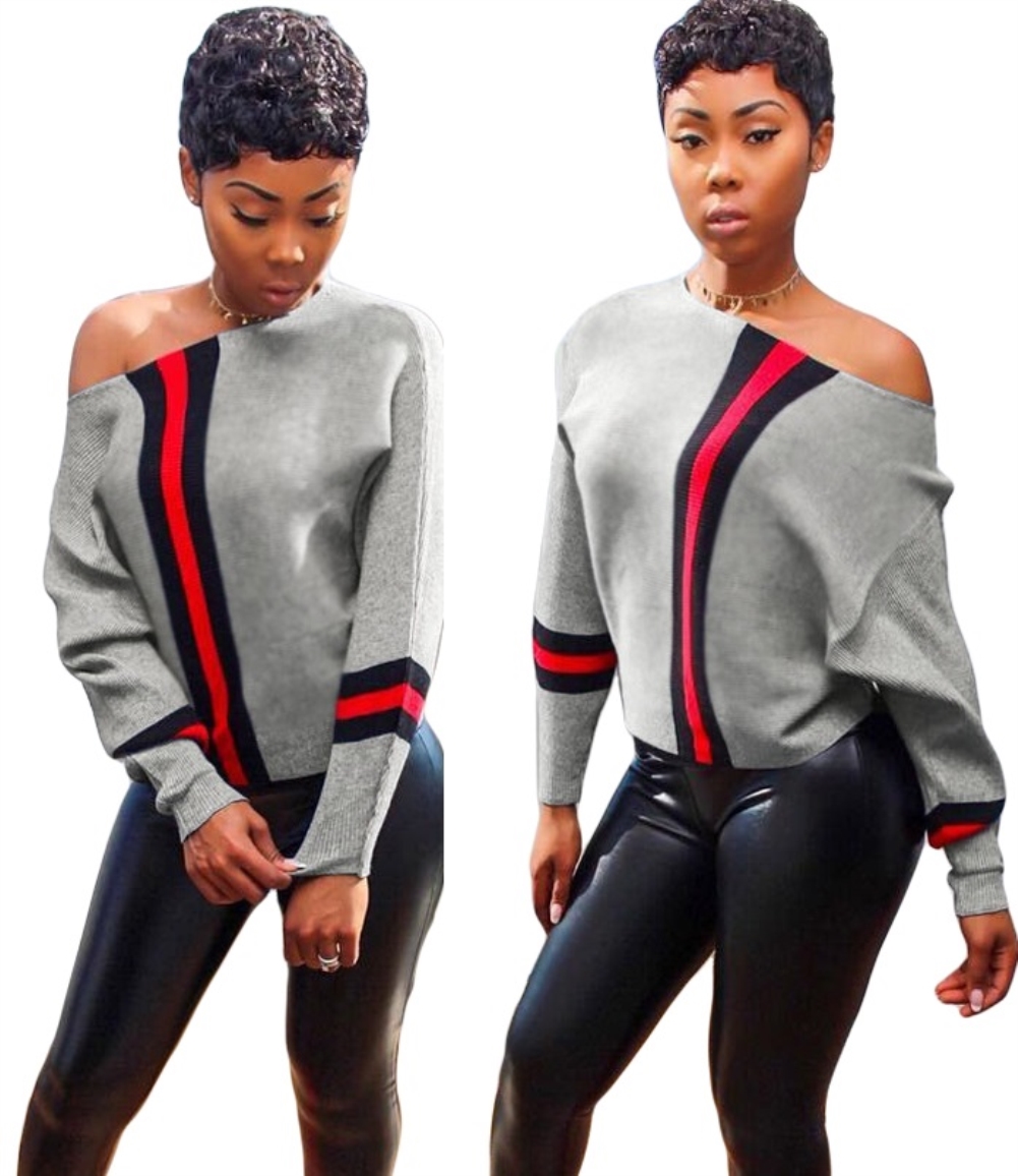 Bat Sleeving Stripes Long Sleeve Shirt with Slash Shoulder