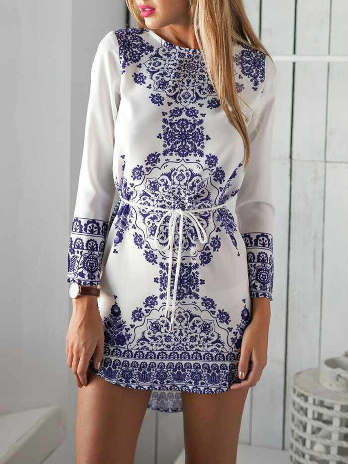Printed Casual Crew Neck Fall Dress