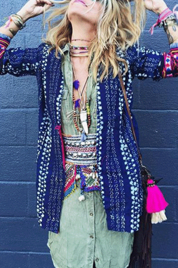Bohemian Printed Long Slit Sleeve Midi Cardigan