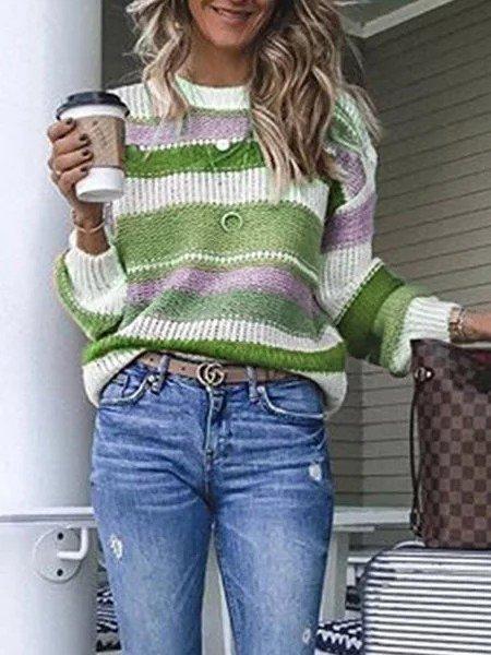 Long Sleeve Crew Neck Striped Sweaters