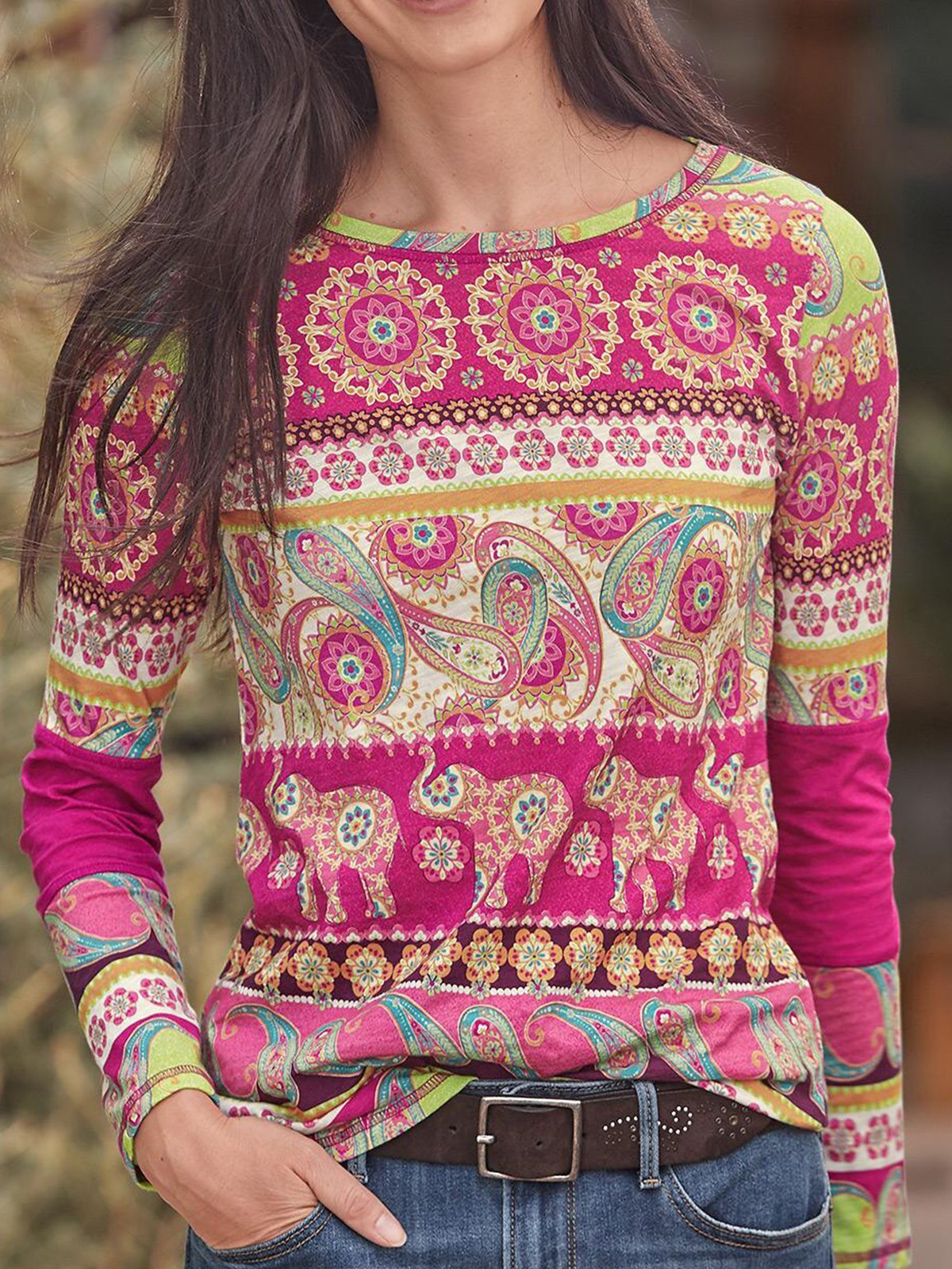 Cotton-Blend Printed Floral Long Sleeve Shirts & Tops