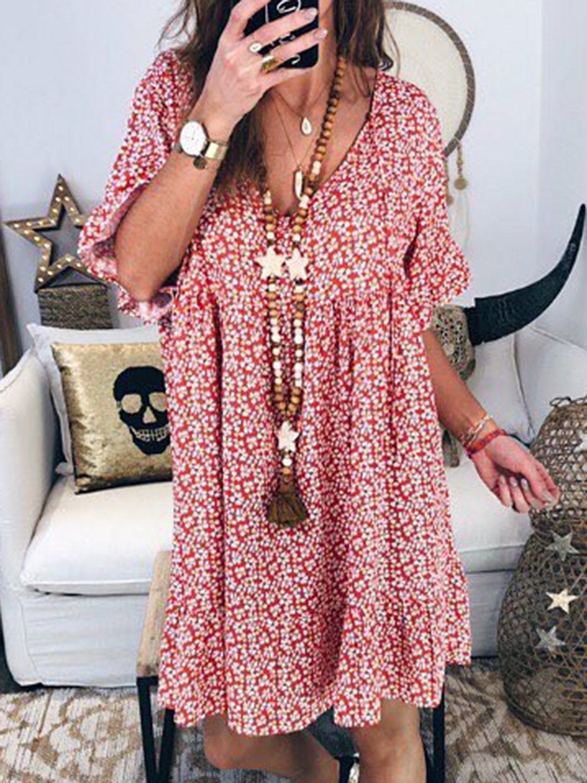 Women Floral Printed Short Sleeve Vintage Dresses