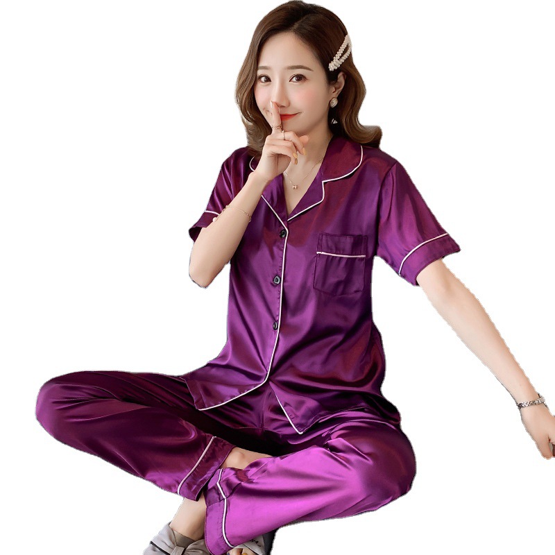 睡衣女士仿真丝夏季短袖长裤开衫少女丝绸 厂家代发 跨境亚马逊