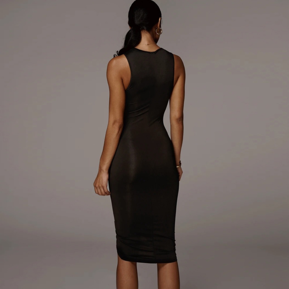 Sexy Sleeveless Ruched Black Midi Dress