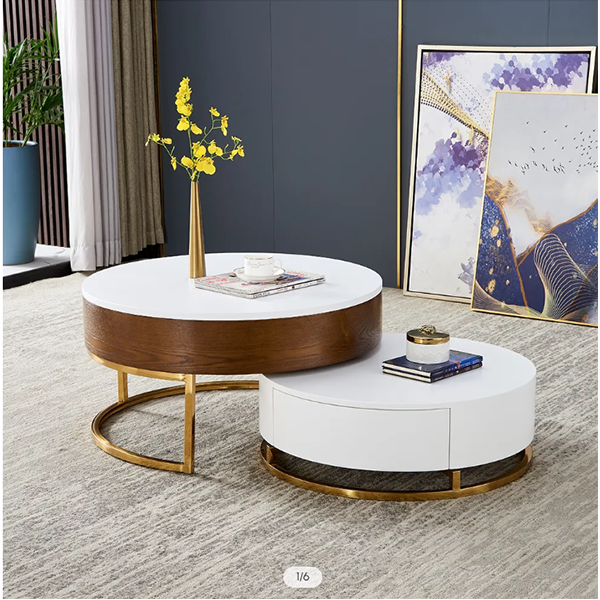Modern Round Lift-top Nesting Wood Coffee Table with Storage in White & Natural