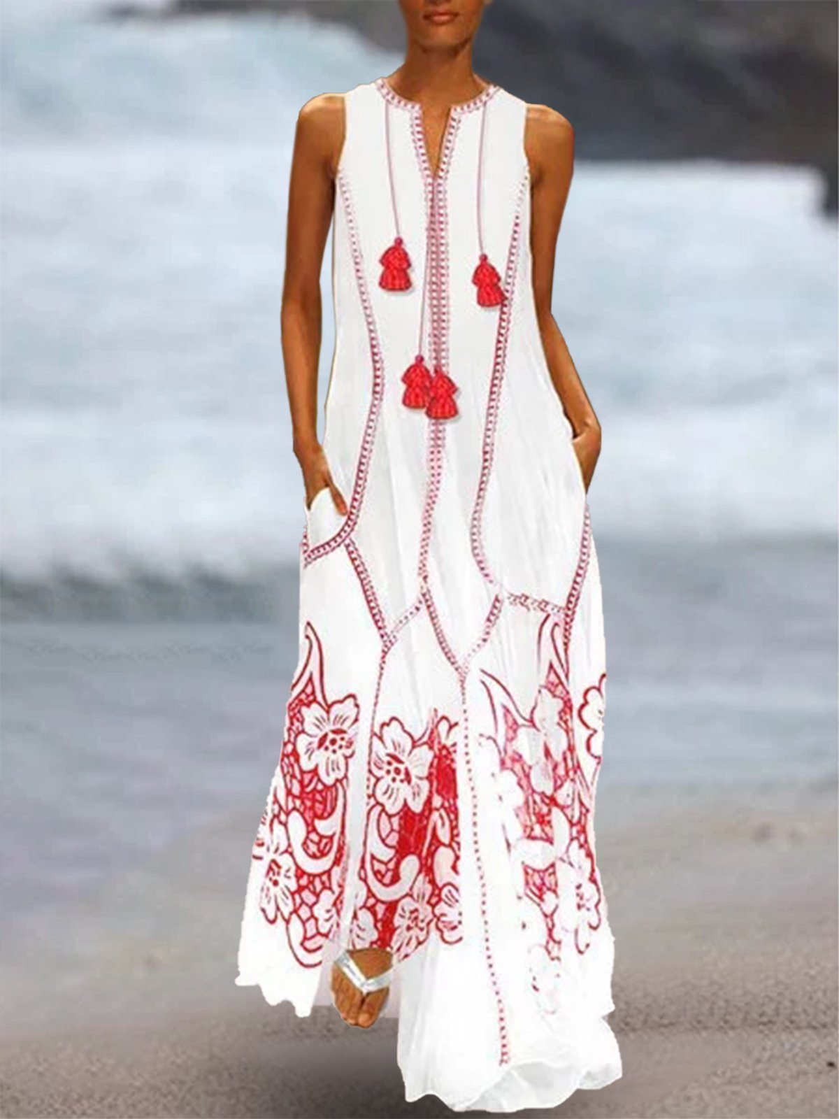 Plus Size Women White Daily Casual Sleeveless  Printed Floral Dress