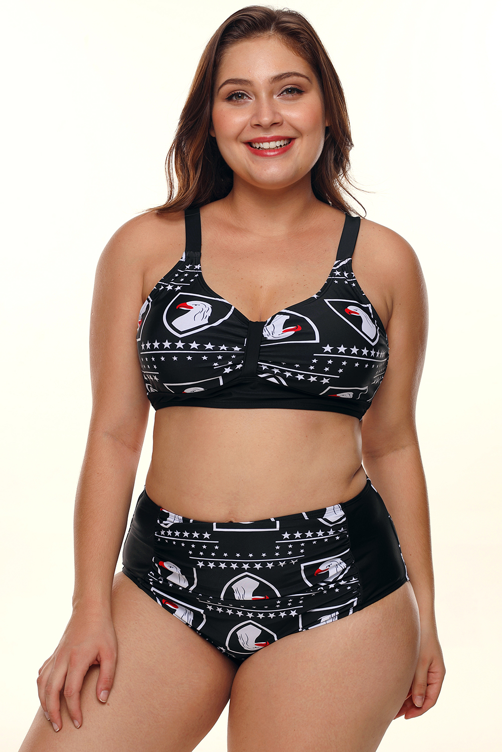 Eagles and Stars Black 2pcs Plus Size High Waist Swimsuit
