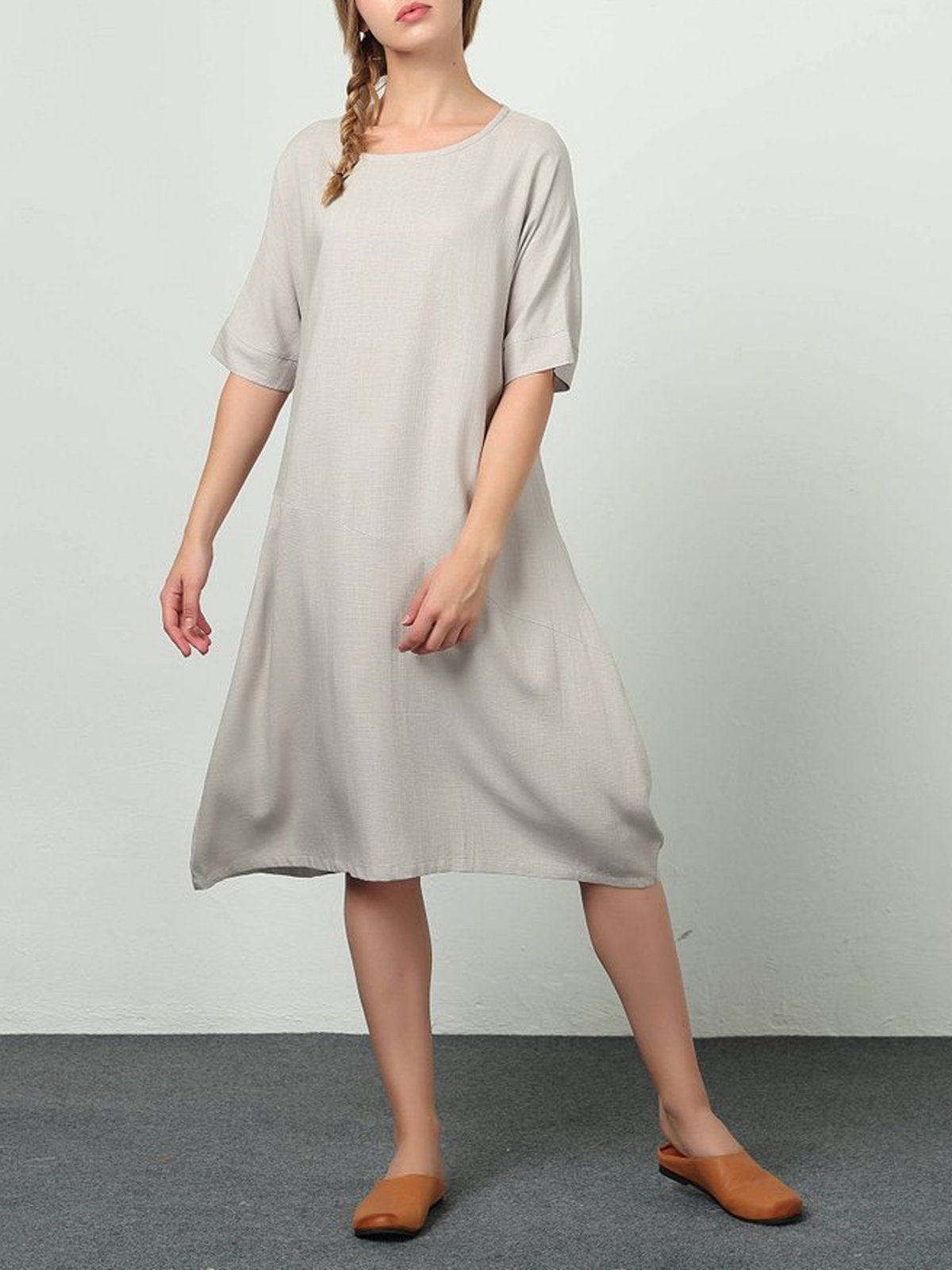 White Short Sleeve Crew Neck Cotton Dresses