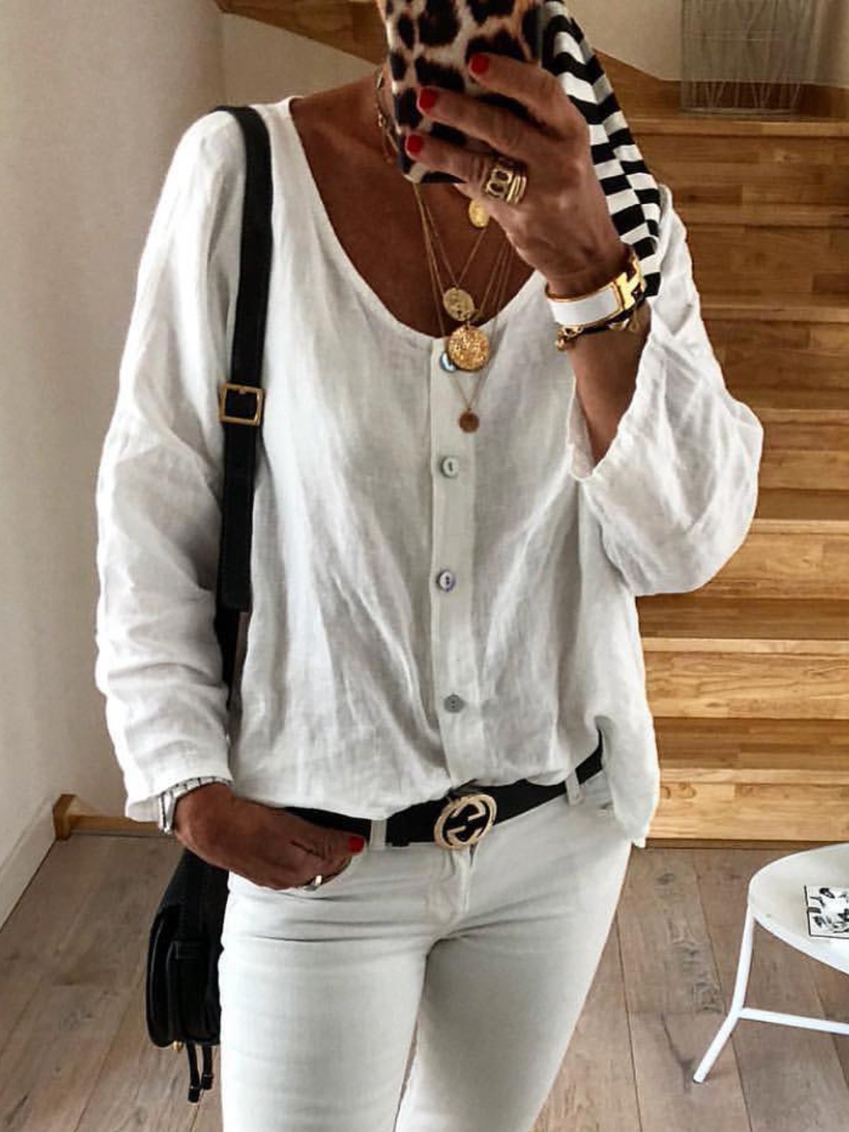 White Holiday Solid Long Sleeve Shirts & Tops