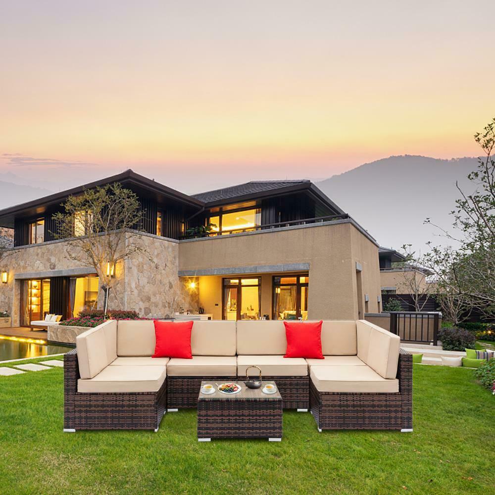 7 PCS Outdoor Patio Sectional Furniture PE Wicker Rattan Sofa Set Garden Yard US