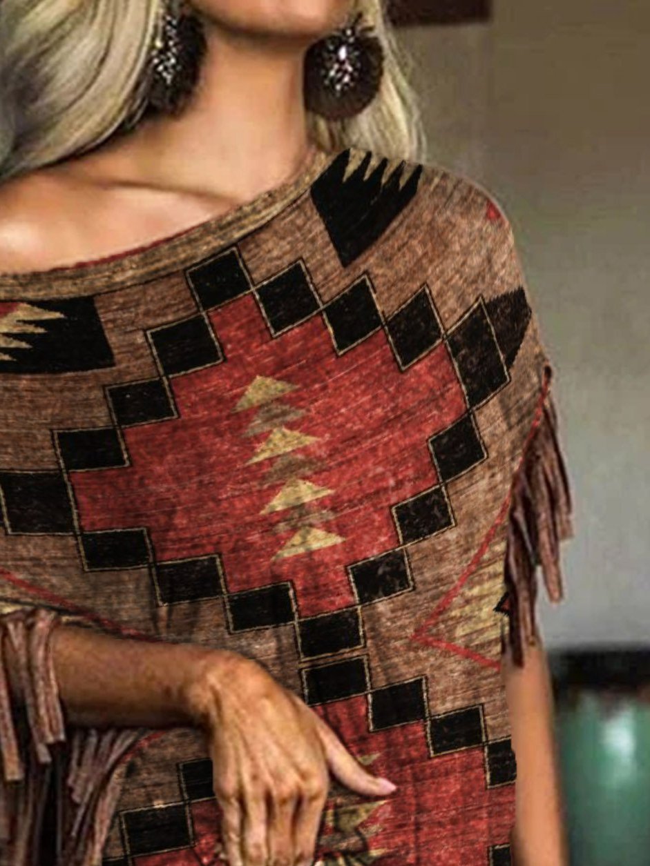 Vintage Cotton-Blend Tribal Scoop Neckline Shirts & Tops