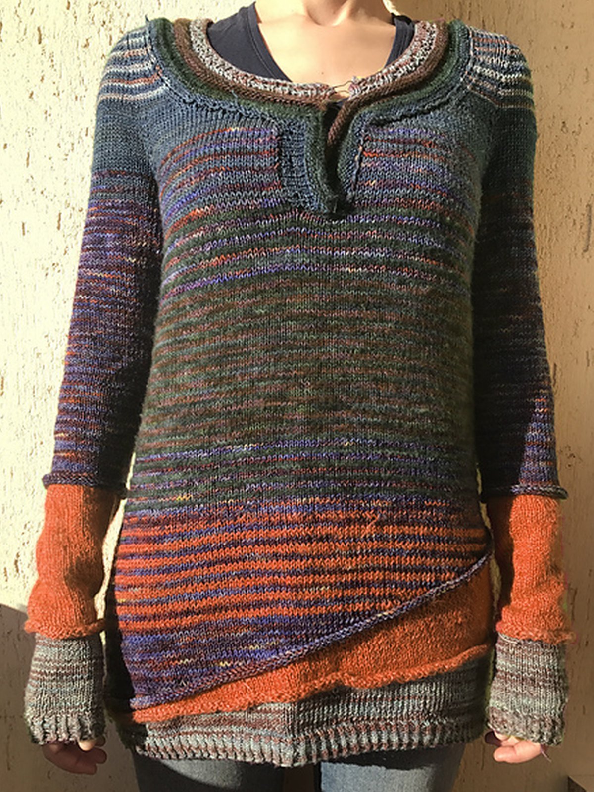 Mottled Striped Paneled Long Sleeve Women's Sweaters