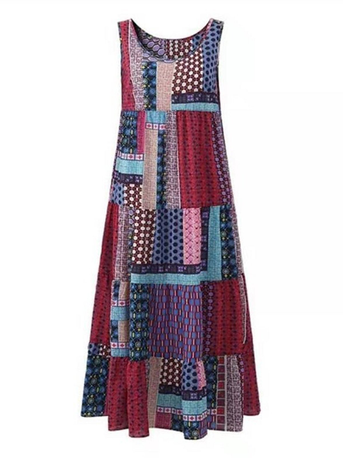 Crew Neck Women Dresses Shift Daytime Printed Patchwork Maxi Dresses