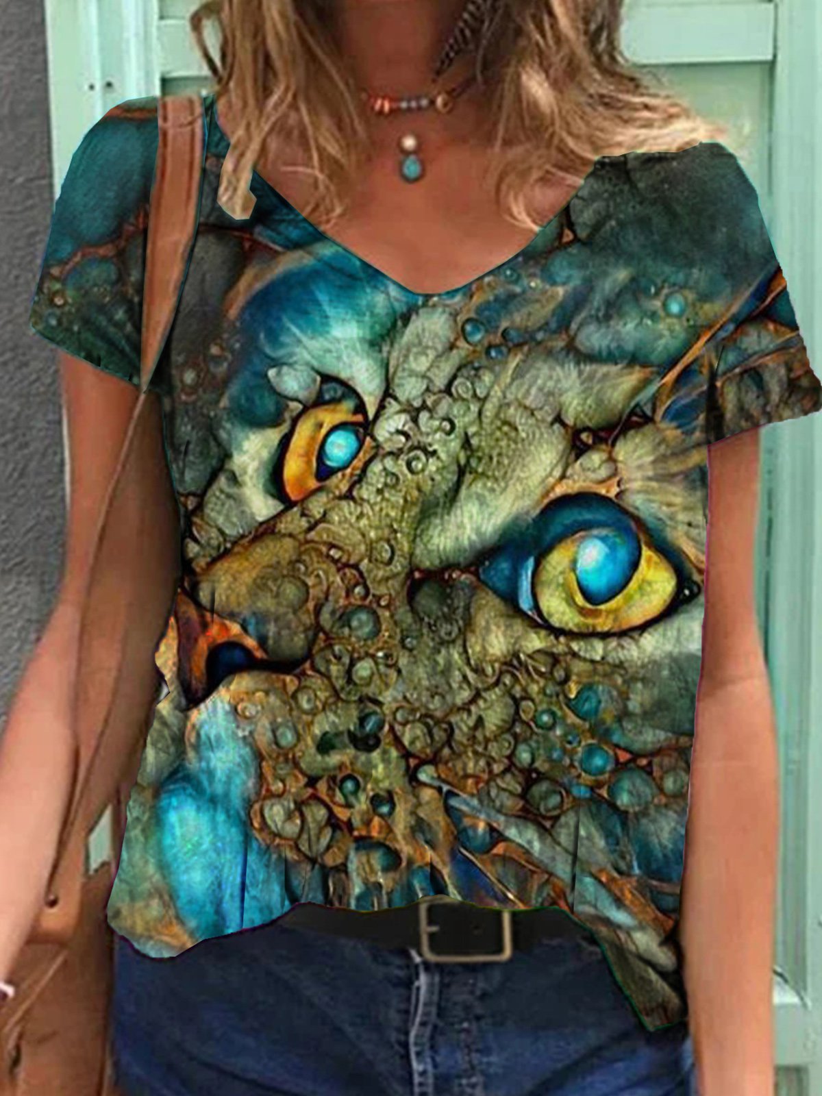 V Neck Pastoral Cute Cat Shirts & Tops