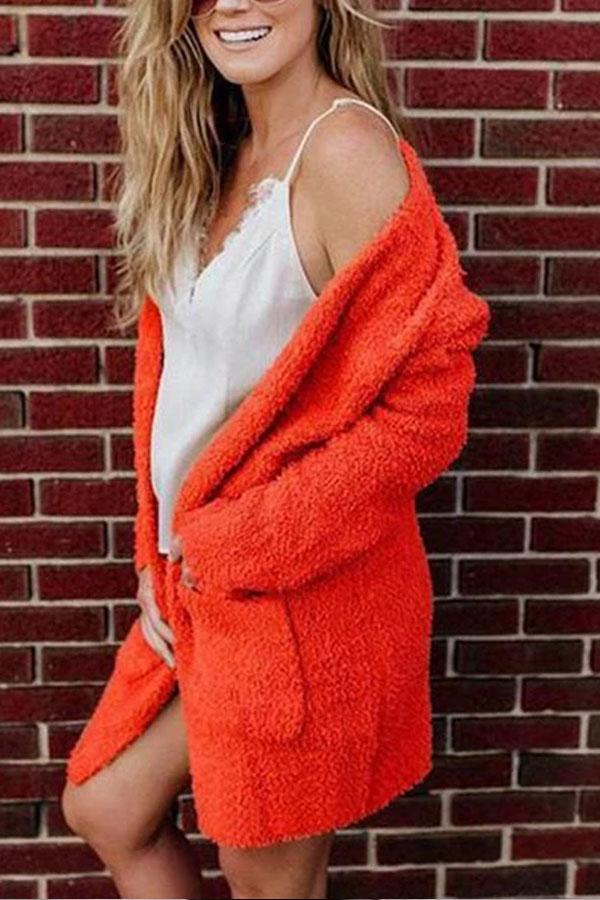 Pure Color Plush Cardigan Long - Sleeved Jacket