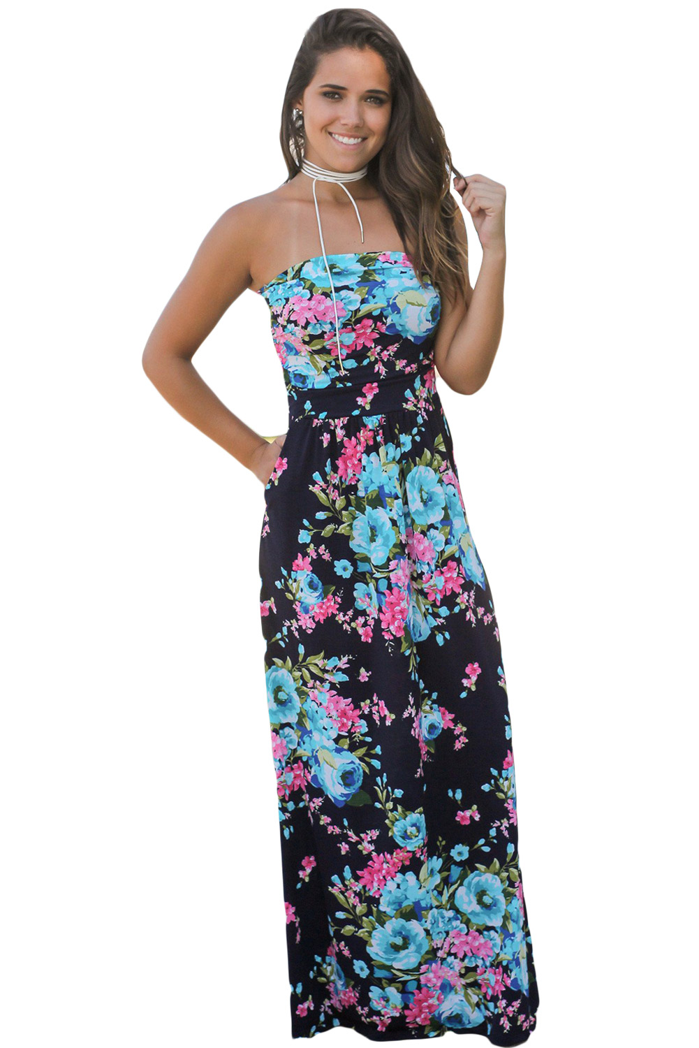 Navy Pink Floral Strapless Maxi Dress with Pockets