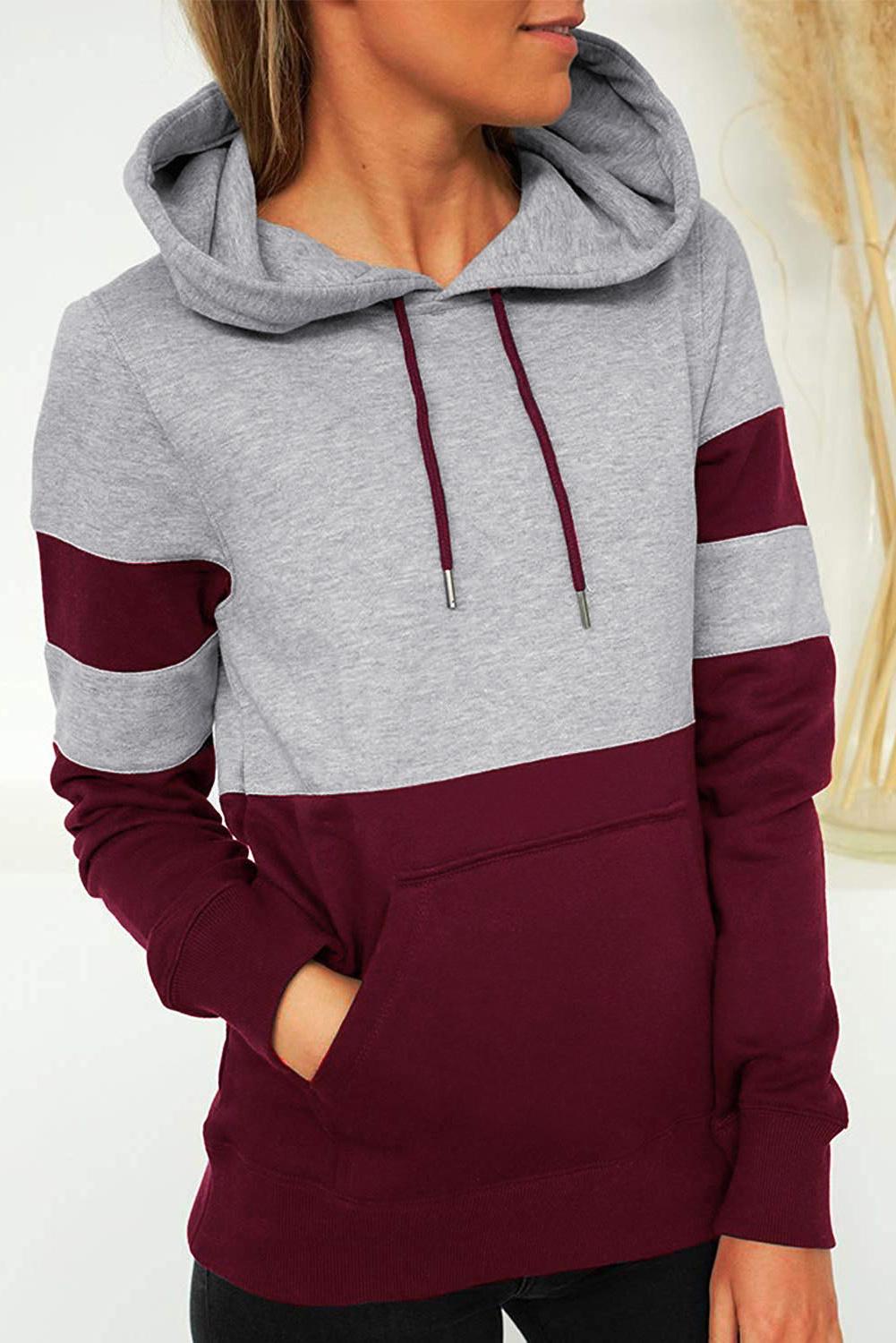 Red Color Block Long Sleeve Crewneck Pullover Hoodie