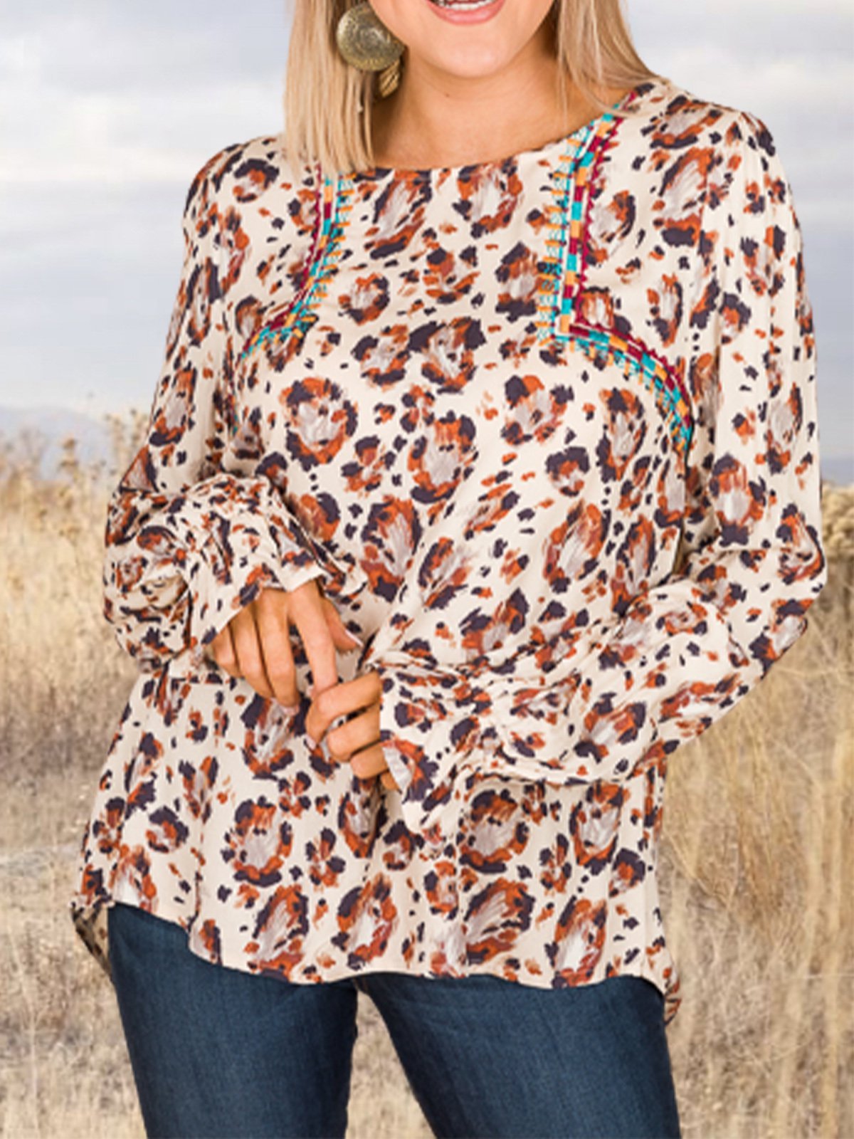 Jersey Long Sleeve Leopard Floral-Print Shirts & Tops