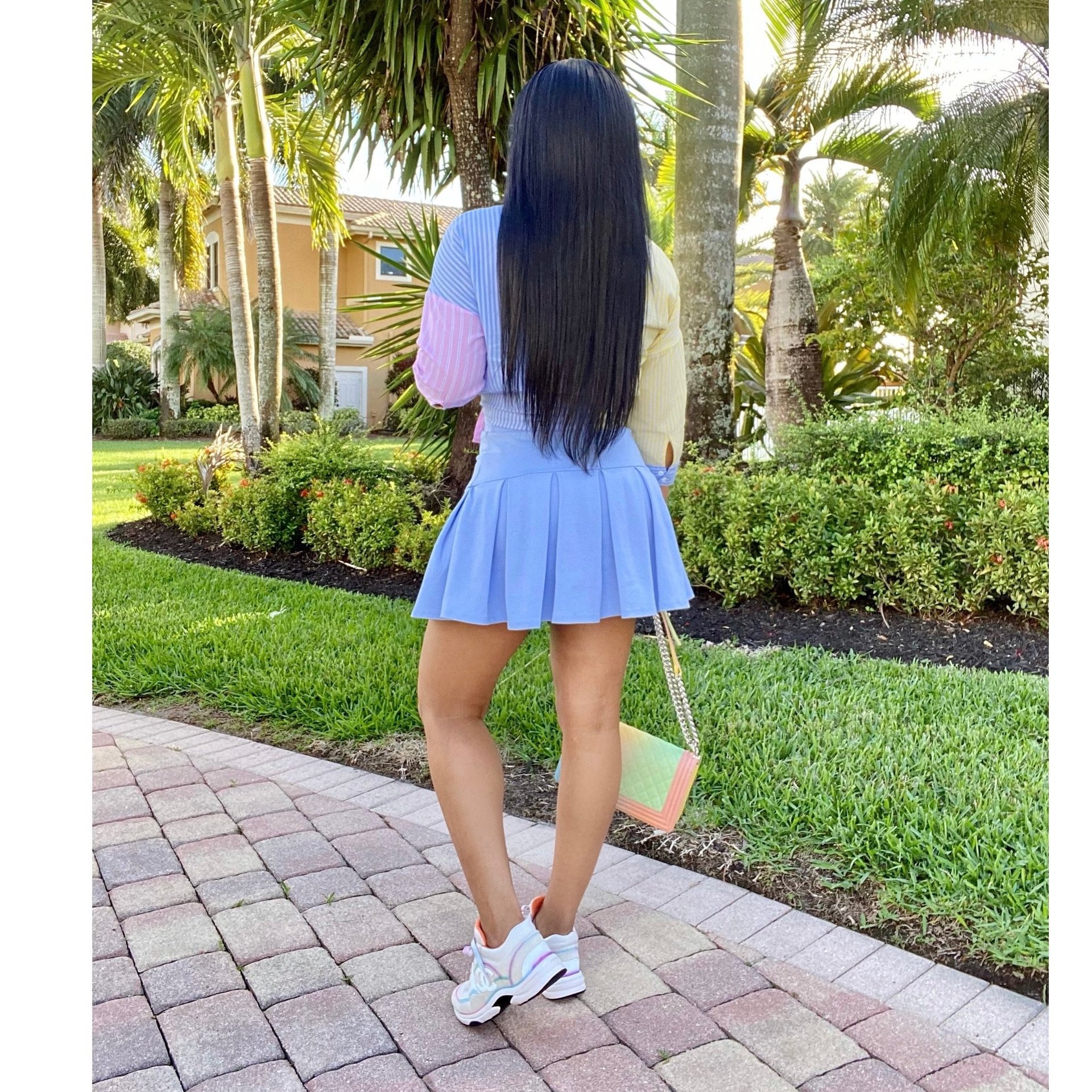 Cross-border women's three-quarter sleeve shirt cotton solid blue plaid temperament commuter skirt suit two-piece suit HM5438