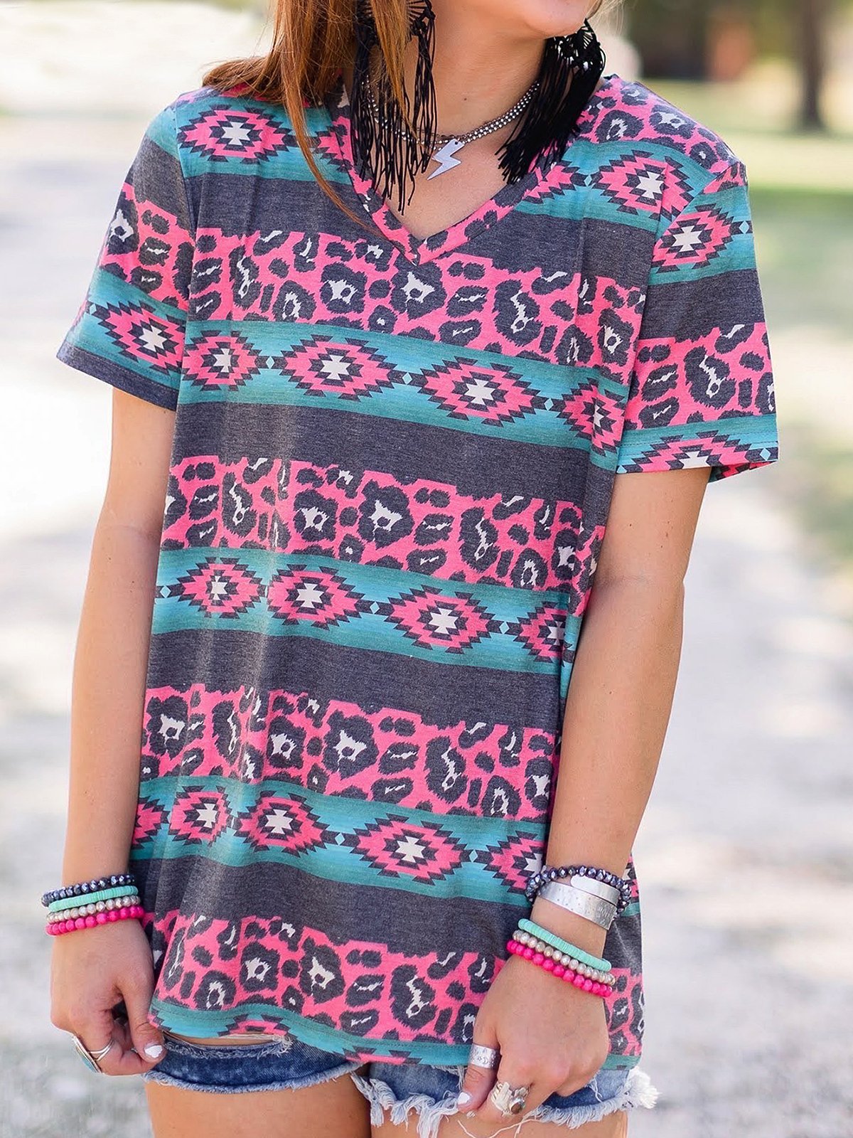 Geometric Vintage V Neck Short Sleeve Shirts & Tops