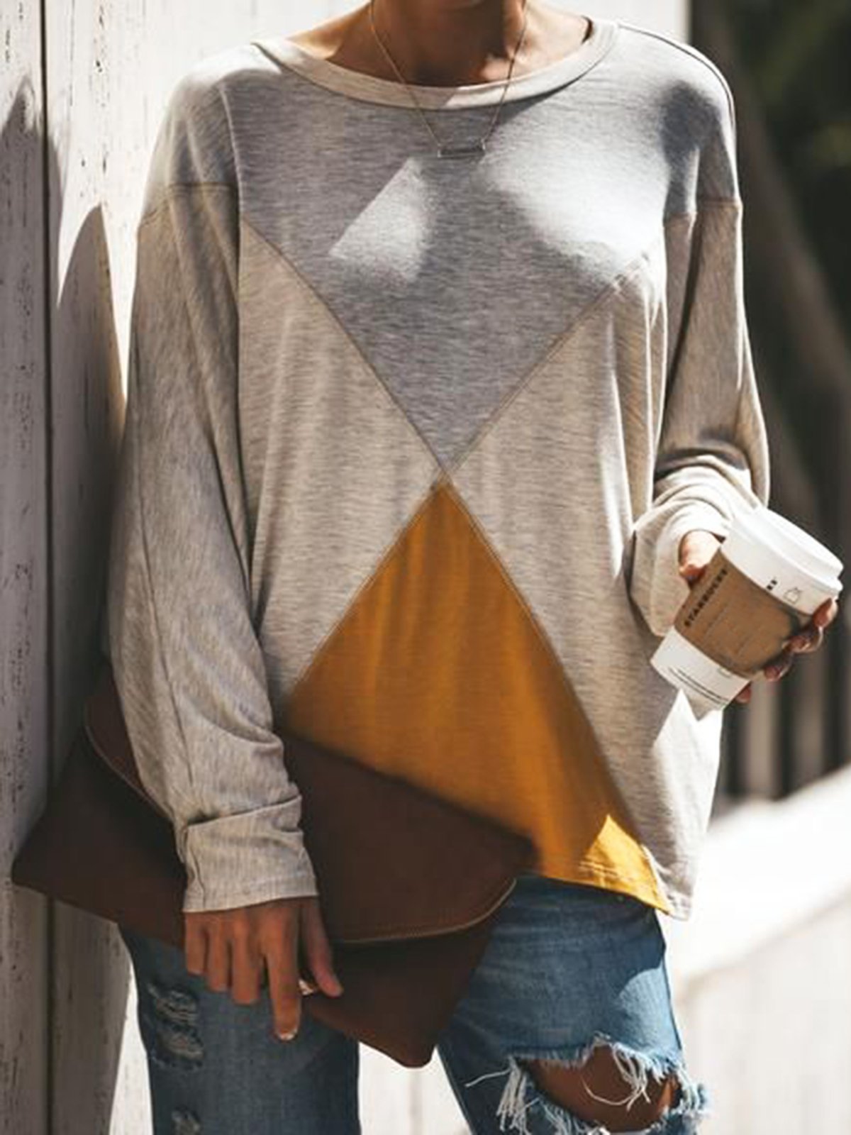 Gray Cotton-Blend Shift Casual Geometric Shirts & Tops