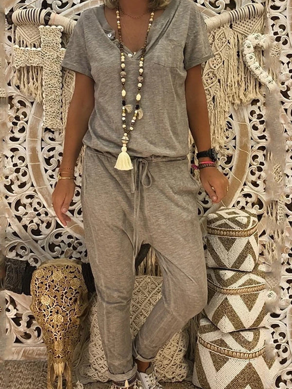 Casual Sport Pure Colour Short Sleeve Jumpsuits