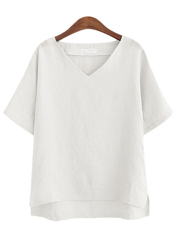 Solid Short Sleeve Casual V Neck Shirts & Tops