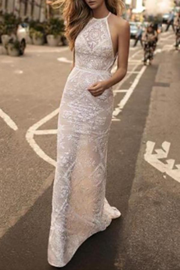 Sexy Sleeveless Bare Back Halter Maxi Dresses