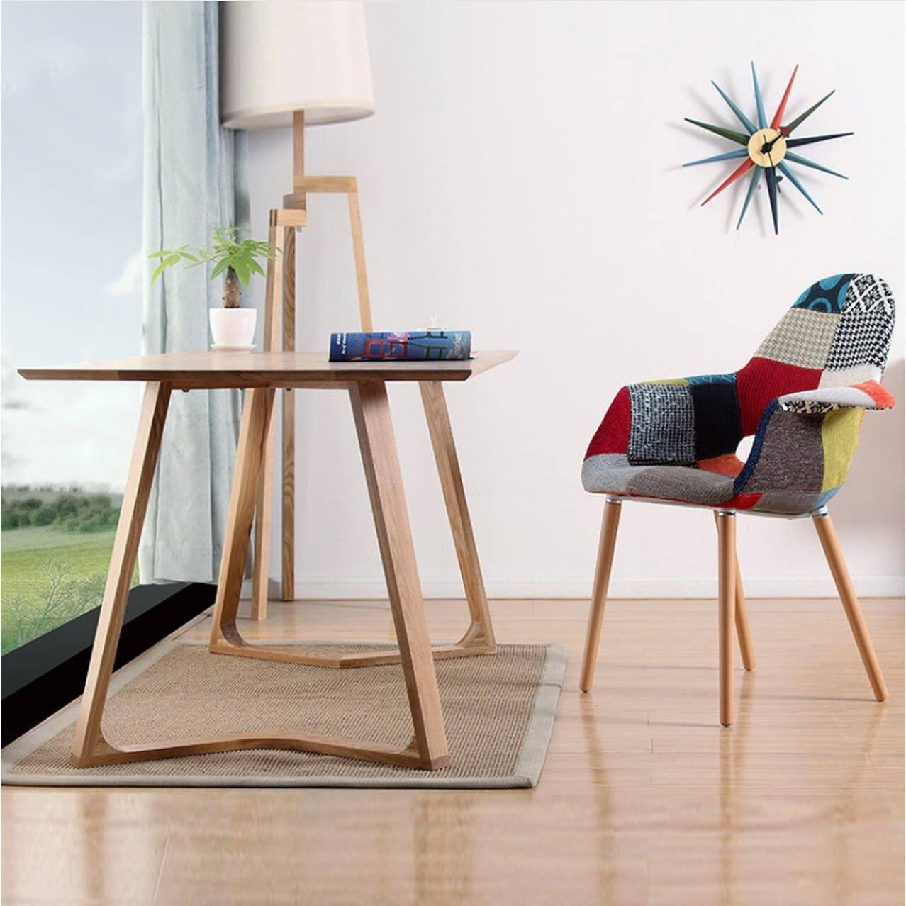 Set of 2 Fabric Patchwork Patterned High Back with Arms Accent Chairs Natural Leg Wood Dining Living Desk Designer Task - Patchw