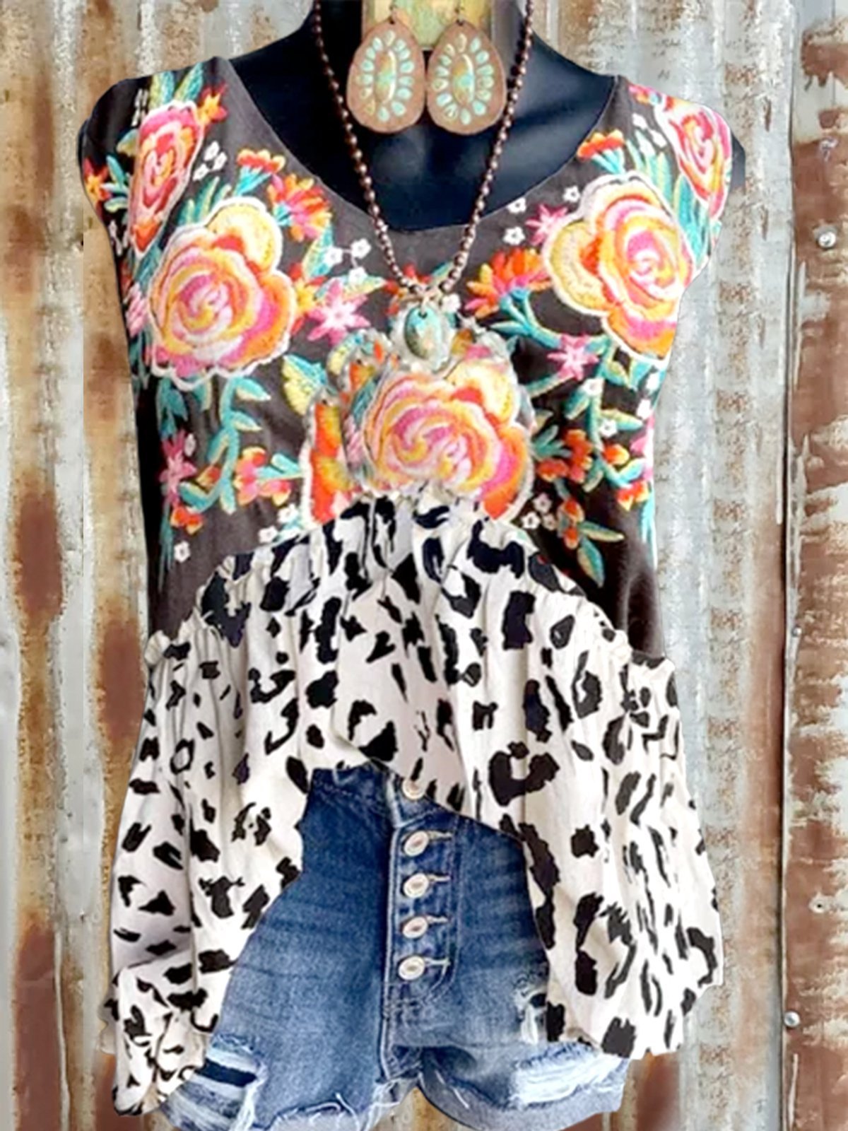 Cotton-Blend Casual Floral Shirts & Tops