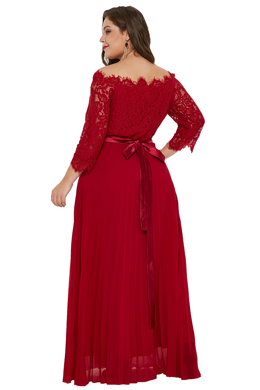 Red Lace Chiffon Plus Size Off Shoulder Maxi Dress