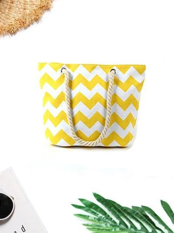 Women's Beach Zigzag Stripe Zipper Canvas Tote Bag