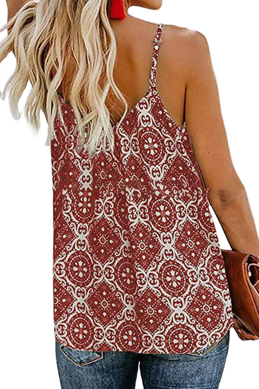 Red Spaghetti Strap Boho Printed Holiday Camisole