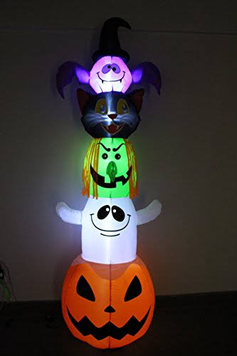 8 Foot Halloween Inflatable Stacked Bat, Black Cat, Witch, Ghost, and Pumpkin