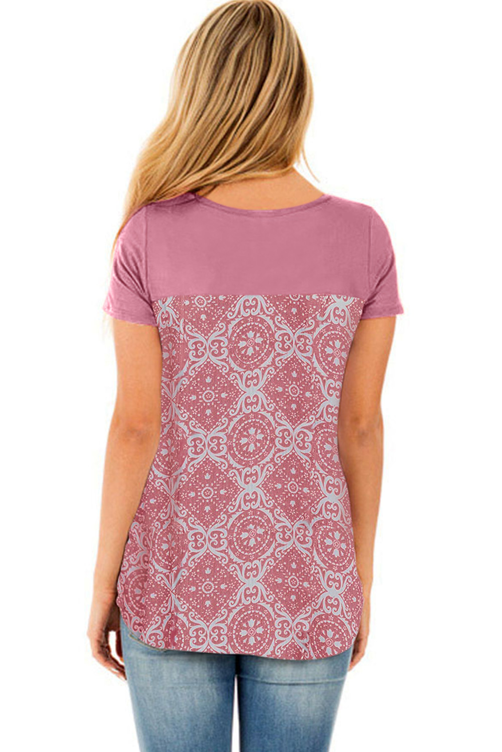 Pink Criss Cross Neck Retro Floral Print Back Tee