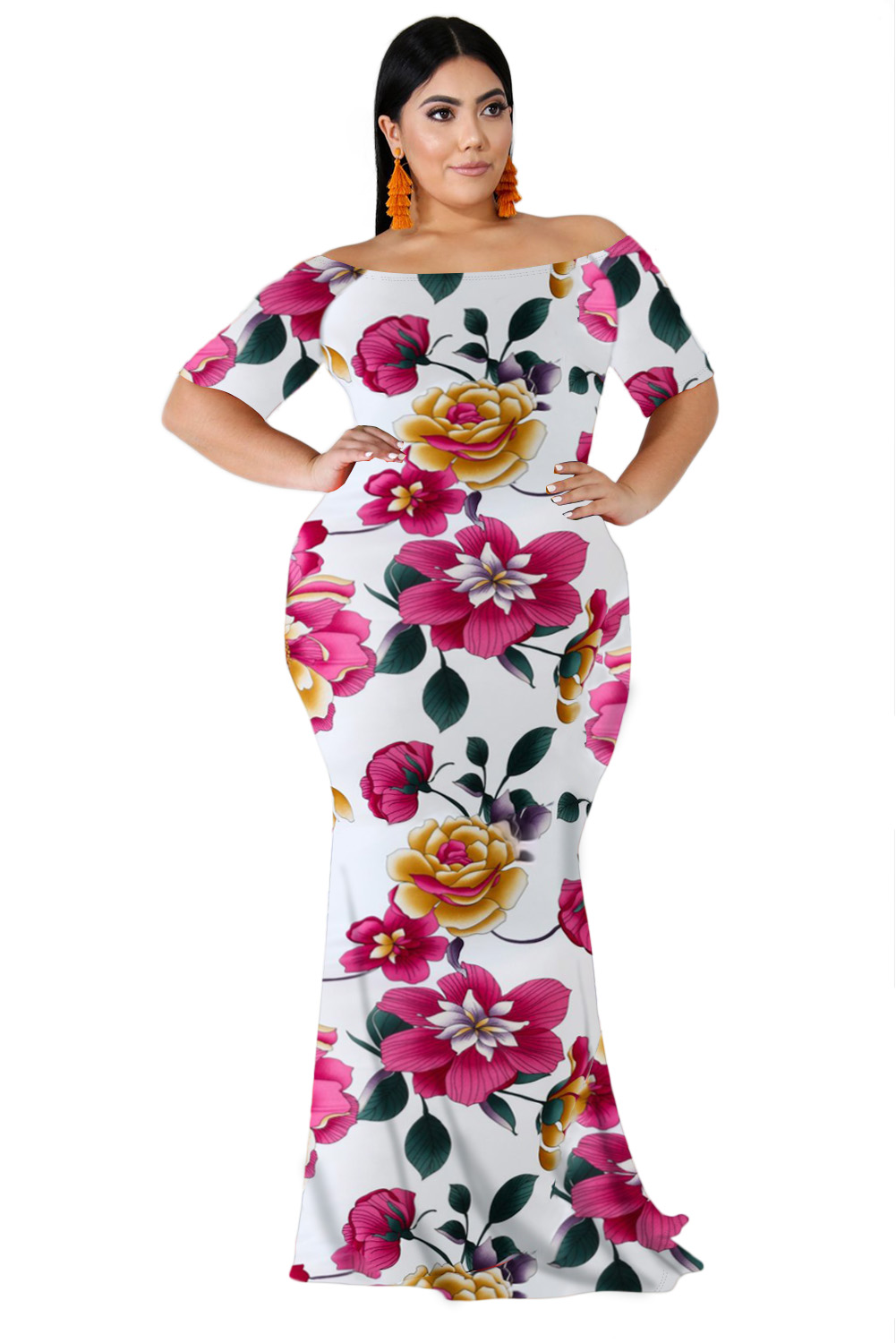 White California Poppy Mermaid Plus Size Dress