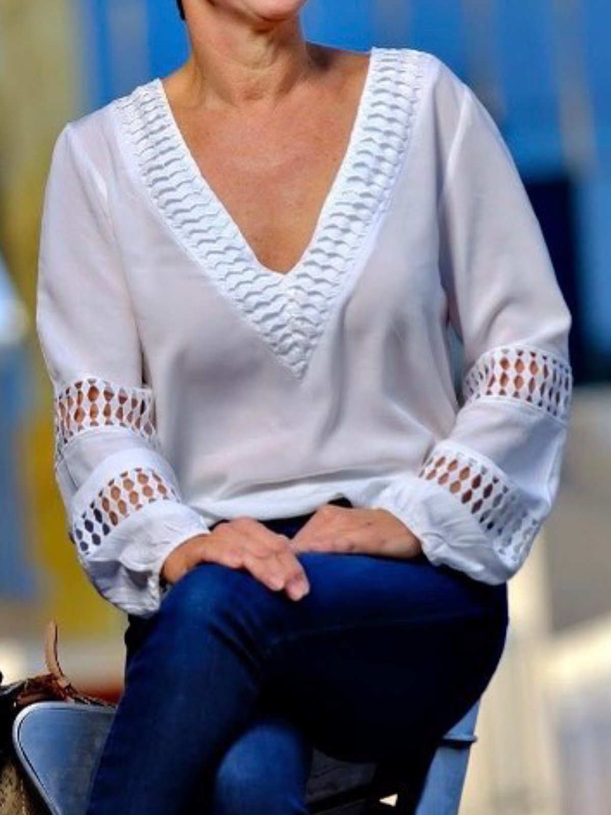 White Long Sleeve V Neck Shirts & Tops