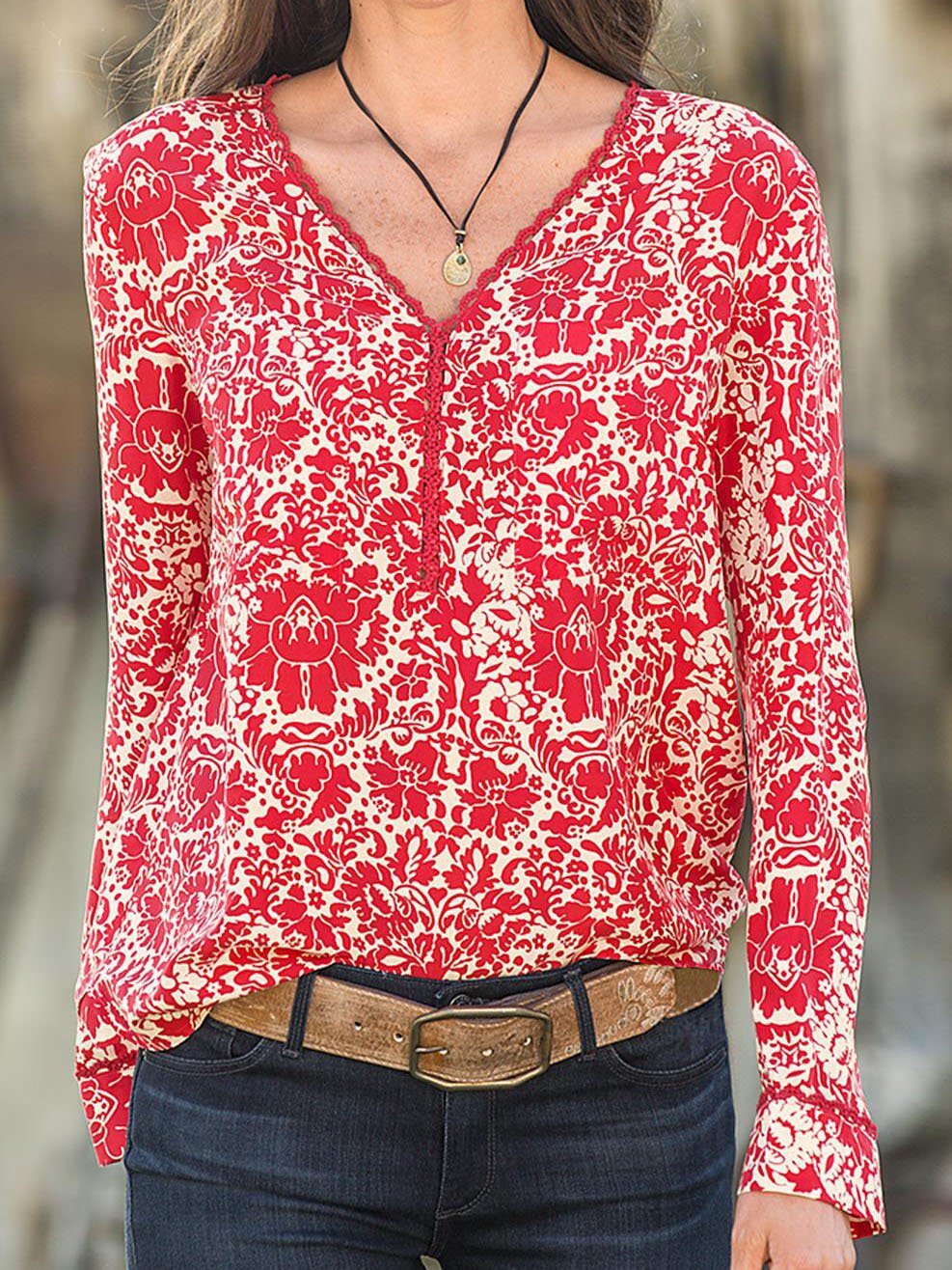 Chiffon Long Sleeve Casual Floral Shirts & Tops