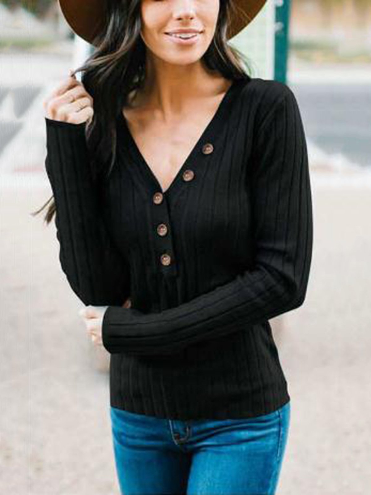 V Neck Casual Buttoned Solid Sweatershirt