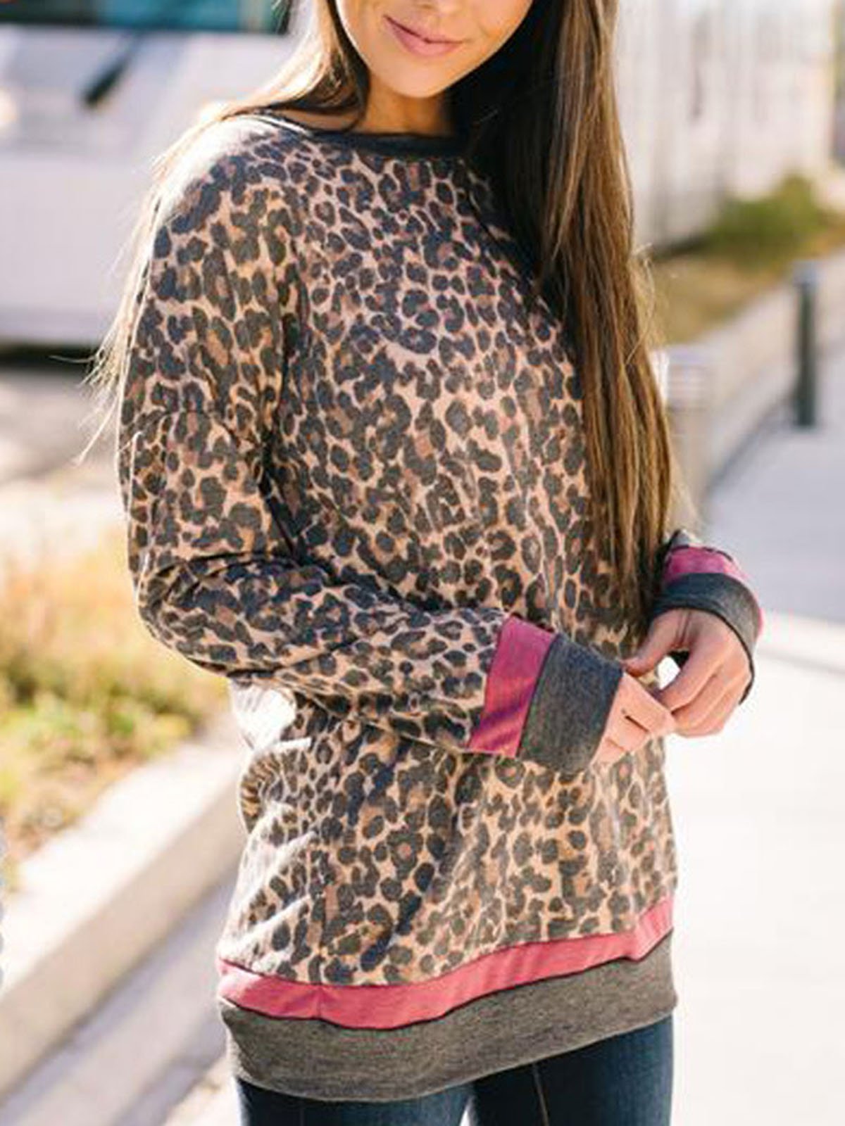 Leopard Crew Neck Long Sleeve Vintage T-Shirts