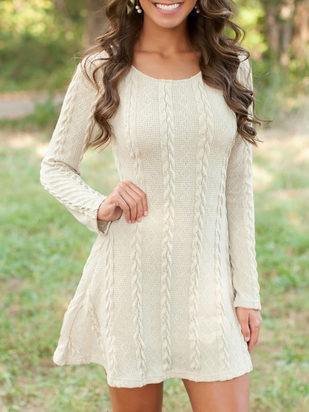 Casual Solid Knitted Crew Neck Long Sleeve Plus Size Dress
